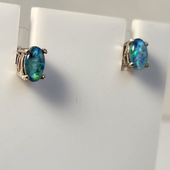 925 Sterling Silver Genuine Blue Fire Opal Earrings - Natural and Genuine Opal. - Picture 8 of 16
